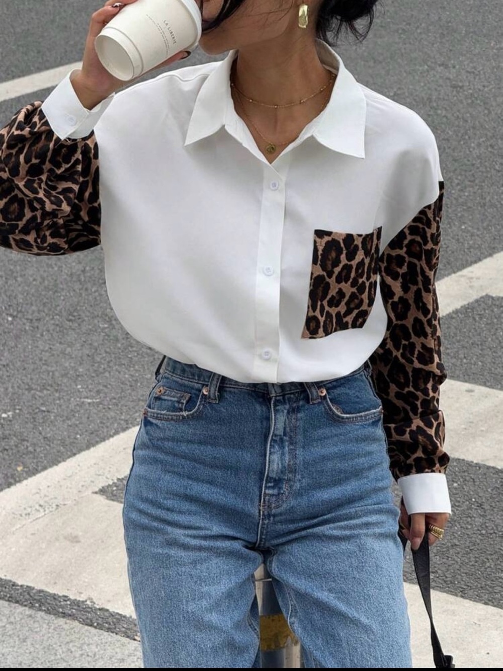 Leopard-Accent White Button-Up Shirt